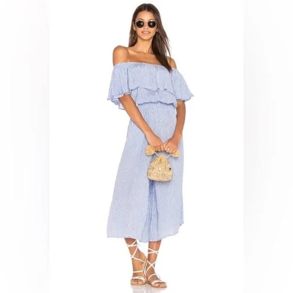 Faithful The Brand Off-Shoulder Light Blue Striped Jumpsuit